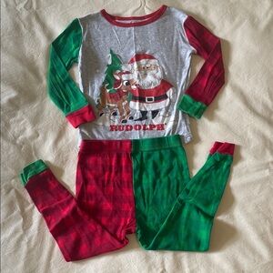 Santa and Reindeer Kids Pajama Set - Red, Green, and Gray